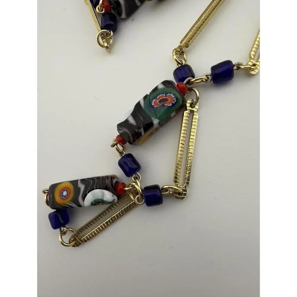 Art Deco Millefiori-Murano Glass Tube Bead Necklace| Gold Bar | Colorful - Picture 3 of 9